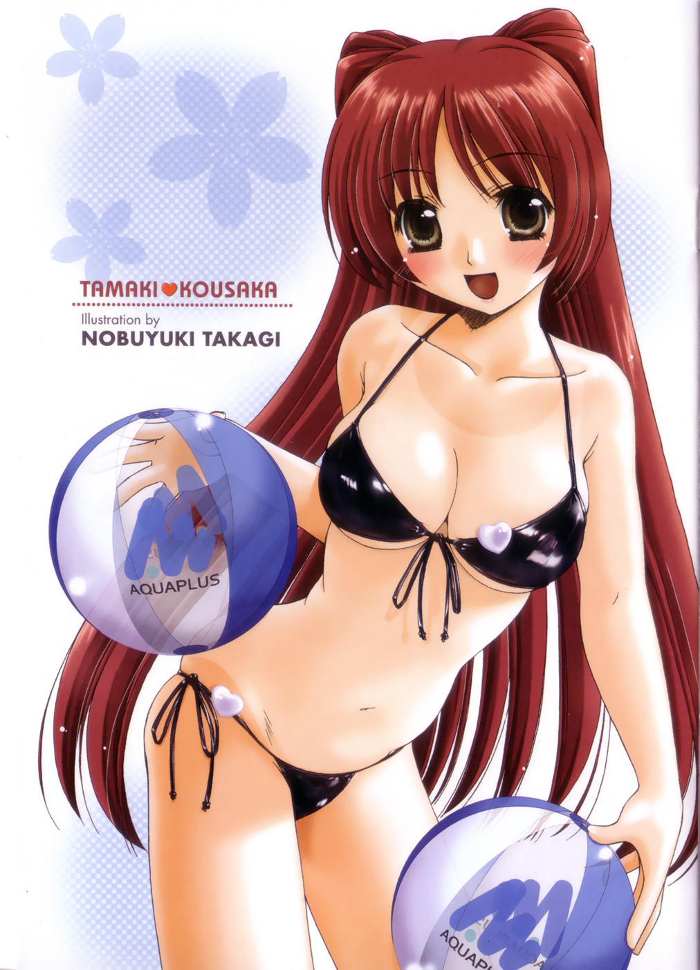 takagi nobuyuki, kousaka tamaki, to heart (series), to heart 2, highres, 00s, 1girl, ball, beachball, bikini, black bikini, blush, breasts, brown eyes, character name, cleavage, female focus, front-tie top, large breasts, long hair, one-piece tan, red hair, shiny clothes, side-tie bikini bottom, solo, string bikini, swimsuit, tan, tanline, very long hair