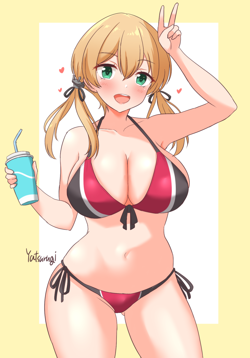 yatsurugi, prinz eugen (kancolle), kantai collection, highres, 1girl, alternate costume, anchor hair ornament, bikini, black bikini, blonde hair, breasts, front-tie bikini top, front-tie top, green eyes, hair ornament, huge breasts, long hair, looking at viewer, low twintails, multicolored bikini, navel, open mouth, red bikini, side-tie bikini bottom, solo, swimsuit, twintails