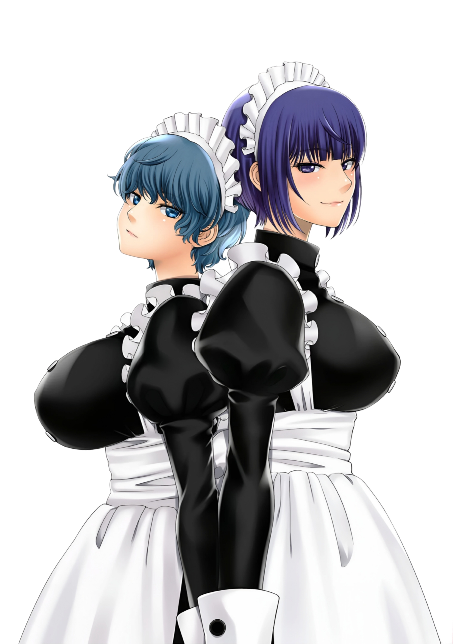mashiro mai, dead tube, absurdres, character request, highres, non-web source, official art, 2girls, apron, black dress, blue eyes, blue hair, blush, breasts, closed mouth, dress, gloves, large breasts, long sleeves, looking at viewer, maid, maid apron, maid headdress, multiple girls, purple eyes, purple hair, serious, short hair, simple background, smile, white background, white gloves