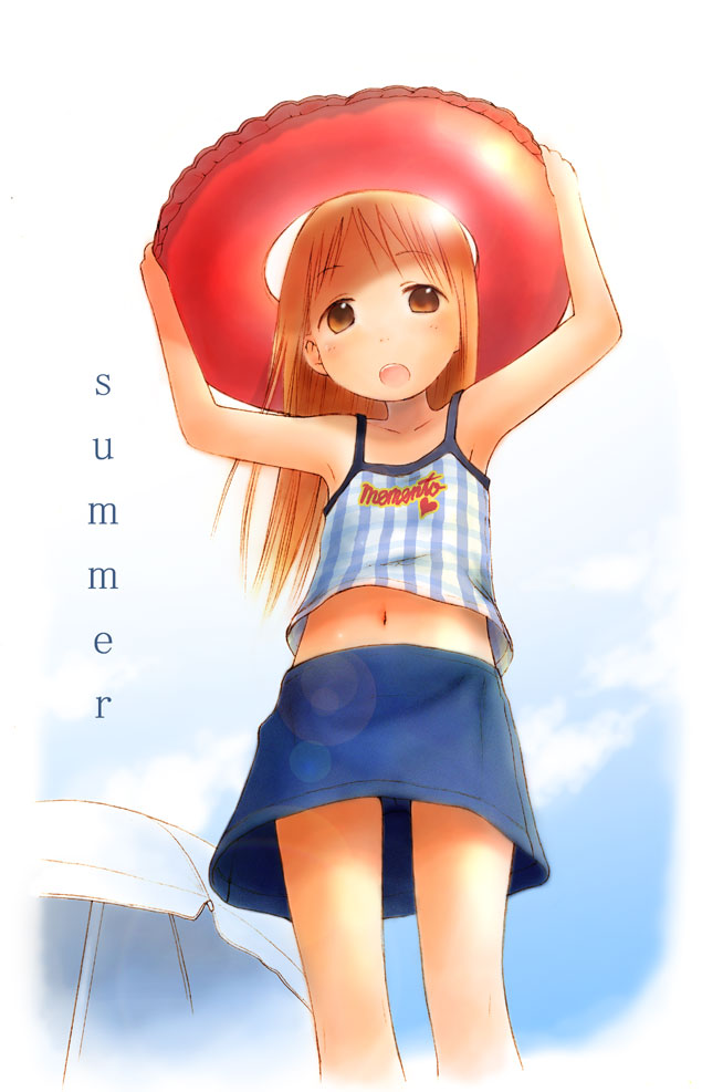 barasui, ana coppola, matsuoka miu, ichigo mashimaro, blonde hair, brown eyes, brown hair, camisole, child, innertube, midriff, navel, skirt, solo, swim ring