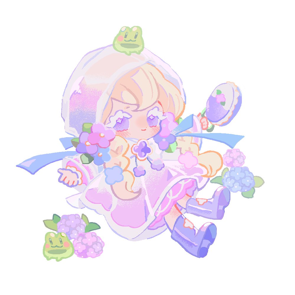 reed, caramel choux cookie, cookie run, cookie run: kingdom, 1girl, bag, blonde hair, blue flower, blue ribbon, blush, boots, braid, closed mouth, colored skin, dress, eyelashes, floral print, flower, flower ornament, frog, frog on head, full body, hair between eyes, hair flower, hair ornament, hair ribbon, hands up, holding, holding bag, hood, hooded coat, hydrangea, leaf, long hair, long sleeves, looking at viewer, pink flower, pink skin, puffy long sleeves, puffy sleeves, purple bag, purple boots, purple dress, purple eyes, purple flower, raincoat, ribbon, rubber boots, see-through clothes, see-through raincoat, simple background, smile, solo, twin braids, white background, white bag, white eyeshadow