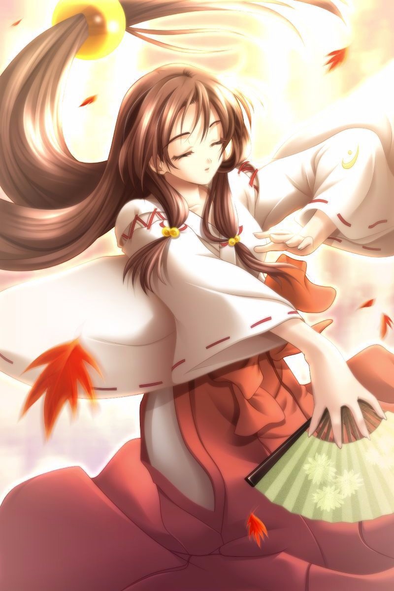 masaharu, sakakibara kukuri, original, tokidoki sugar, game cg, highres, 1girl, brown hair, dancing, female focus, folding fan, hakama, hakama skirt, hand fan, japanese clothes, long hair, miko, red hakama, skirt, solo