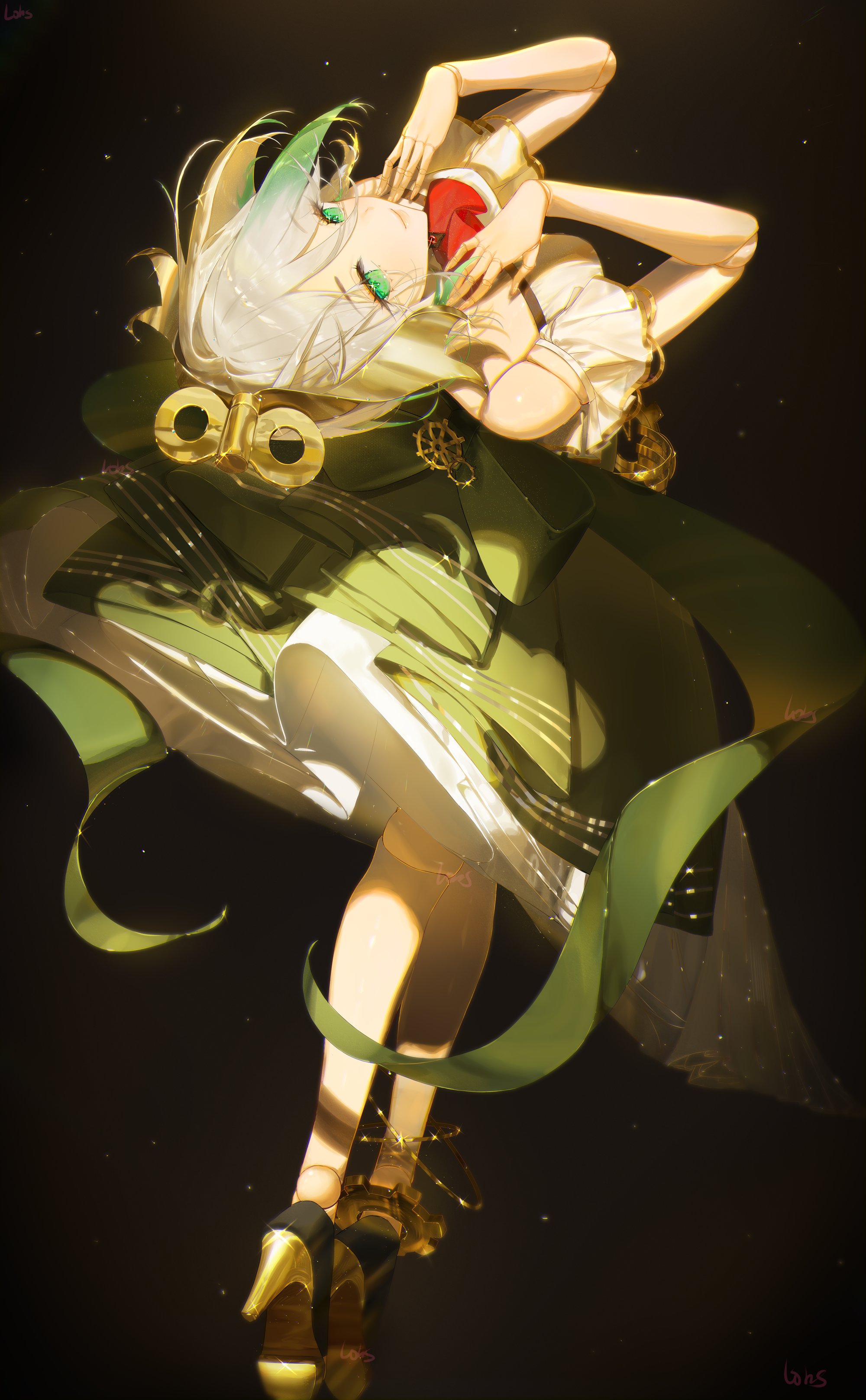 lobsie, cecilia immergreen, hololive, hololive english, absurdres, highres, 1girl, black background, from behind, full body, green eyes, green skirt, grey hair, head back, looking at viewer, looking back, puppet, shirt, simple background, skirt, solo, standing, virtual youtuber, white shirt