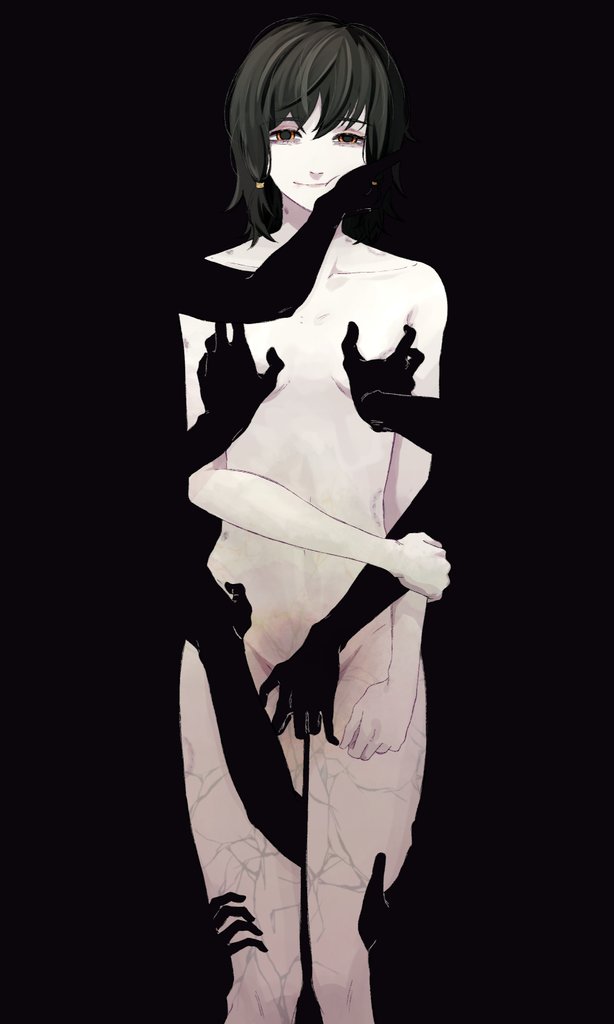 rinneko art, mifune fumiko, chainsaw man, commentary, english commentary, 1girl, bite mark, black background, black hair, breasts, closed mouth, collarbone, completely nude, cowboy shot, grabbing another's breast, groping, hand on another's crotch, hand on another's face, holding own arm, looking at viewer, low-tied sidelocks, medium hair, nude, sidelocks, simple background, small breasts, smile, standing, surrounded by hands, uneven eyes
