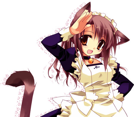minazuki haruka, lowres, 1girl, :d, animal ears, bell, blush, cat ears, cat tail, collar, female focus, hand on own hip, jingle bell, looking at viewer, maid, neck bell, open mouth, orange eyes, purple hair, salute, simple background, smile, solo, tail, white background