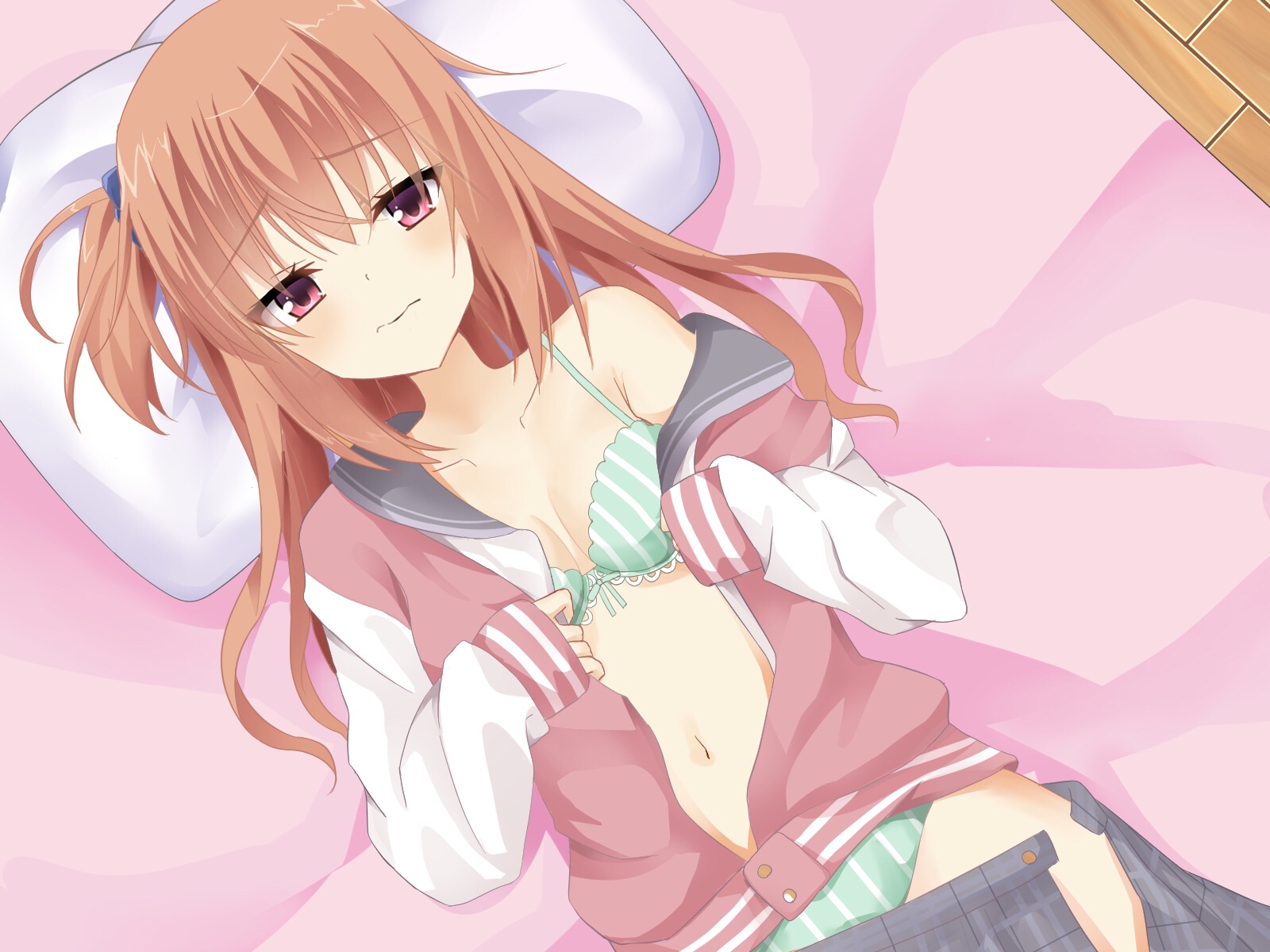 shikoziro, inaba meguru, sanoba witch, commentary request, highres, 1girl, 3:, armpit crease, blue scrunchie, blush, bra, breasts, closed mouth, clothes pull, collarbone, cowboy shot, dutch angle, embarrassed, eyelashes, eyes visible through hair, from above, furrowed brow, green bra, green panties, grey sailor collar, grey skirt, hair between eyes, hair ornament, hair scrunchie, hands up, head on pillow, indoors, jacket, long hair, looking at viewer, lying, navel, on back, on bed, one side up, open clothes, open jacket, orange hair, panties, pillow, pink jacket, plaid clothes, plaid skirt, red eyes, sailor collar, school uniform, scrunchie, serafuku, sidelocks, single bare shoulder, skirt, skirt pull, sleeves past wrists, small breasts, solo, striped bra, striped clothes, striped panties, underwear, undressing, vertical-striped bra, vertical-striped clothes, vertical-striped panties, wavy hair, wavy mouth, white sleeves