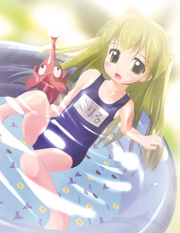 ditama bow, miruru (maiden breeder 2), maiden breeder 2, 1girl, :d, animal ears, barefoot, blonde hair, blue one-piece swimsuit, blush, cat ears, child, dutch angle, female focus, flat chest, green eyes, green hair, long hair, looking at viewer, matching hair/eyes, name tag, one-piece swimsuit, open mouth, partially submerged, pool, school swimsuit, sitting, smile, solo, swimsuit, toy, very long hair, wading pool, water, wet, yellow eyes