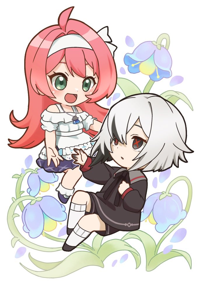 arlecchino (genshin impact), clervie (genshin impact), genshin impact, 2girls, aged down, akaya gnsn, black eyes, black shoes, black shorts, chibi, chibi only, dress, eye contact, floral background, flower, full body, green eyes, hair intakes, hairband, jewelry, kneehighs, long hair, looking at another, multicolored hair, multiple girls, neck ribbon, open mouth, pendant, pink hair, purple flower, red pupils, ribbon, shoes, short hair, shorts, socks, symbol-shaped pupils, two-tone hair, white background, white dress, white hair, white hairband, white socks, x-shaped pupils
