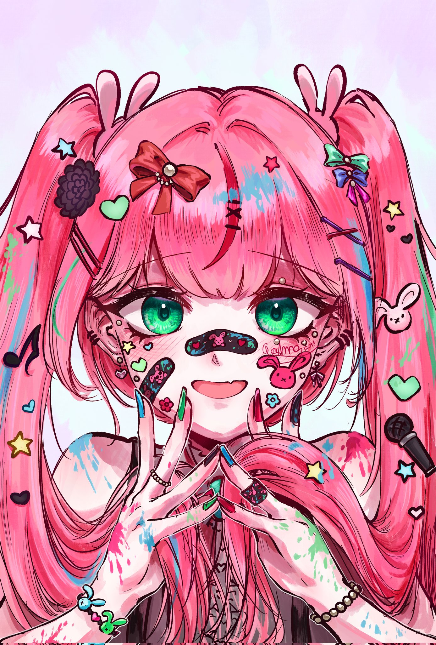 hanako nana, stellive, commentary request, corrupted twitter file, highres, korean commentary, 1girl, animal sticker, aqua streaks, bandaid, bandaid on cheek, bandaid on face, bandaid on finger, bandaid on nose, black nails, blue bow, blue nails, blush, bow, bow earrings, bracelet, double-parted bangs, dress, earclip, earrings, eyelashes, fingernails, flower sticker, fortissimo, green bow, green eyes, green nails, hair bow, hair ornament, hairclip, hands up, heart, heart earrings, heart hair ornament, heart sticker, holding, holding own hair, jewelry, long hair, looking at viewer, microphone hair ornament, multicolored hair, musical note, musical note hair ornament, nail polish, open mouth, paint on body, paint splatter, pearl bracelet, pink bow, pink hair, rabbit hair ornament, red bow, red nails, signature, simple background, smile, star (symbol), star hair ornament, star sticker, sticker on face, straight-on, streaked hair, string, string of fate, swima (qoshma1205), too many hair ornaments, too many stickers, twintails, upper body, virtual youtuber, white background, x hair ornament
