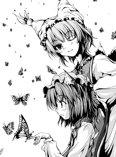 yamamoto nori, chen, yakumo ran, touhou, 2girls, animal ears, animal hat, bug, butterfly, cat ears, cat girl, dress, earrings, female focus, fox tail, greyscale, hat, insect, jewelry, long sleeves, mob cap, monochrome, multiple girls, multiple tails, one eye closed, short hair, smile, tabard, tail, white background, wink