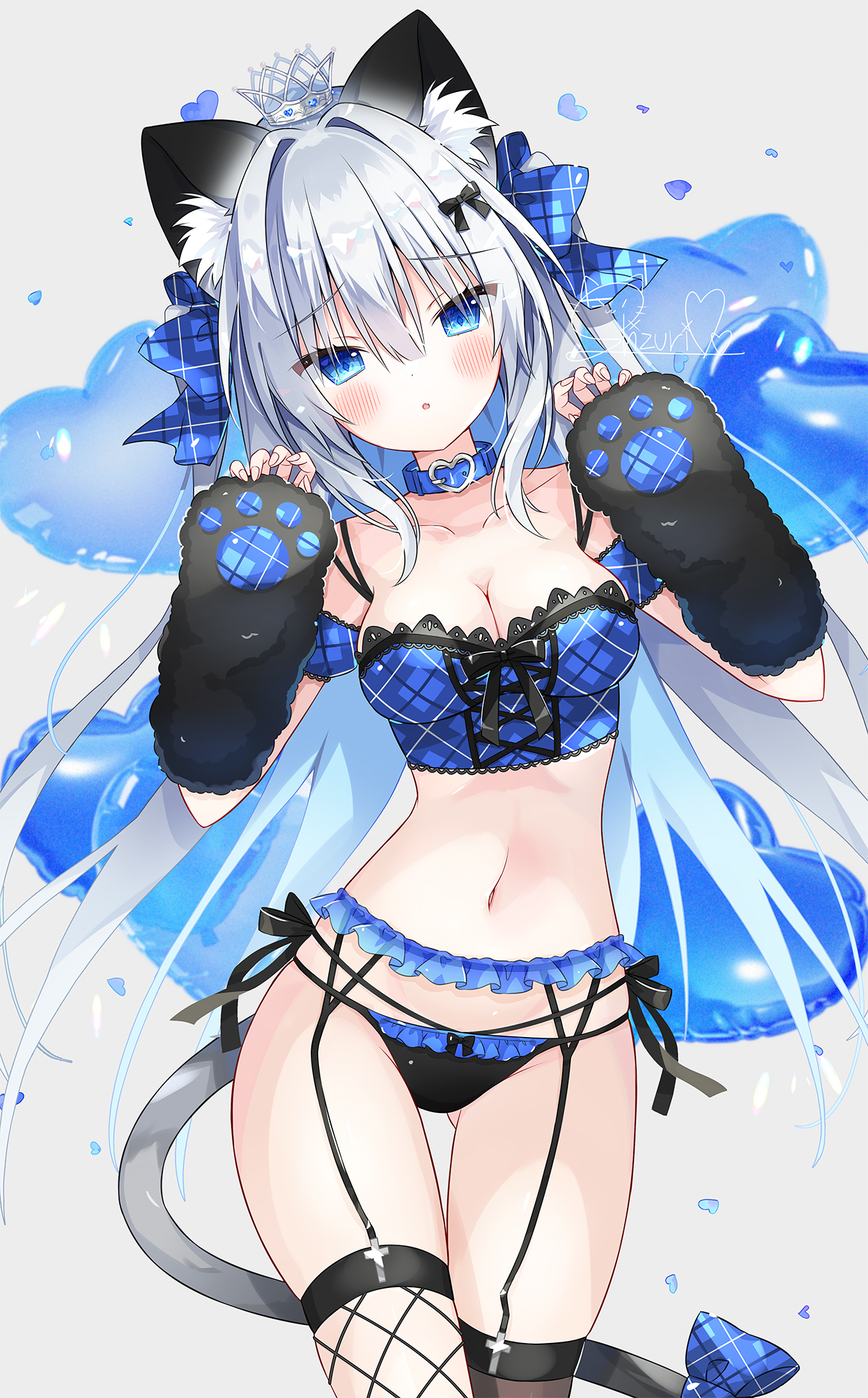 yukine, original, highres, 1girl, animal ear fluff, animal ears, animal hands, arm warmers, balloon, bare shoulders, black bow, black gloves, black panties, blue choker, blue eyes, blush, bow, breasts, cat ears, cat girl, cat tail, choker, cleavage, collar, collarbone, crop top, crown, detached collar, fishnet thighhighs, fishnets, frills, garter belt, garter straps, gloves, grey hair, hair bow, hair ornament, heart balloon, large breasts, lingerie, long hair, looking at viewer, mini crown, navel, panties, paw gloves, ribbon, simple background, solo, stomach, tail, thighhighs, underwear, very long hair
