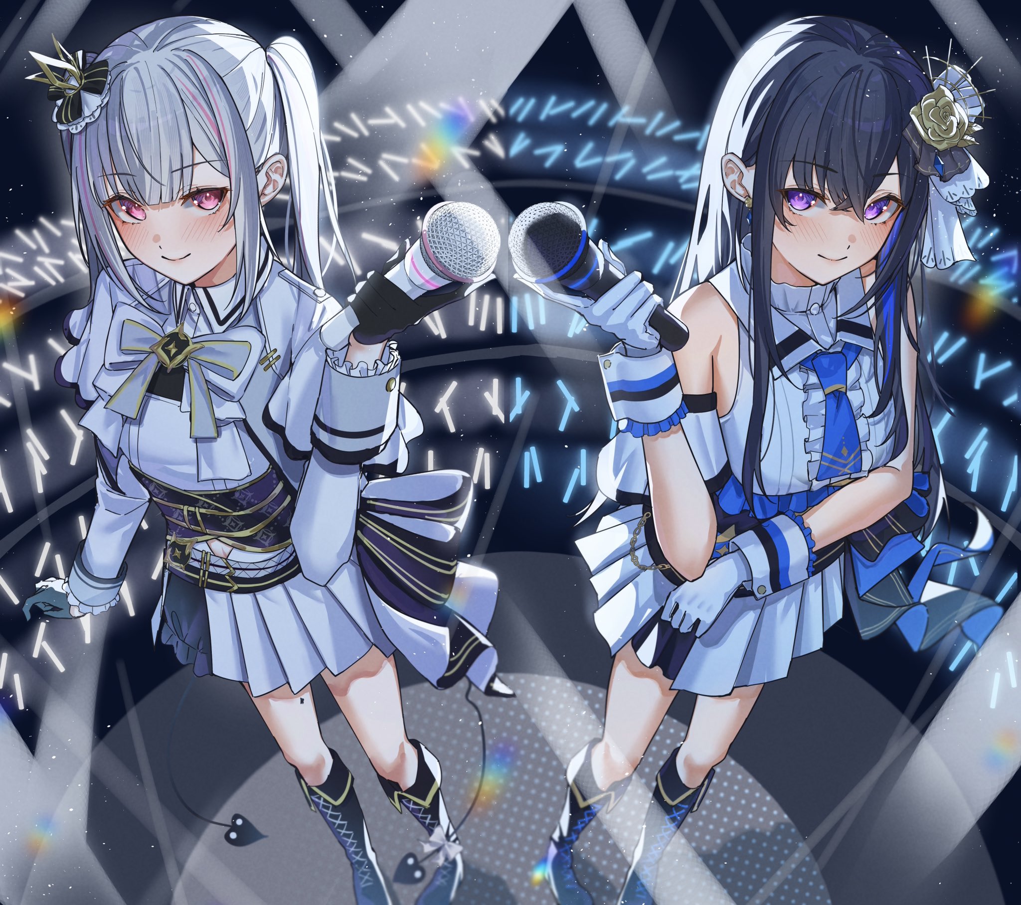 ringozeri, character request, commentary, copyright request, highres, symbol-only commentary, 2girls, bare shoulders, black gloves, black hair, blue hair, gloves, grey hair, holding, holding microphone, idol, long hair, microphone, miniskirt, multicolored hair, multiple girls, pink hair, pleated skirt, purple eyes, red hair, shirt, skirt, streaked hair, two-tone hair, white gloves, white shirt, white skirt