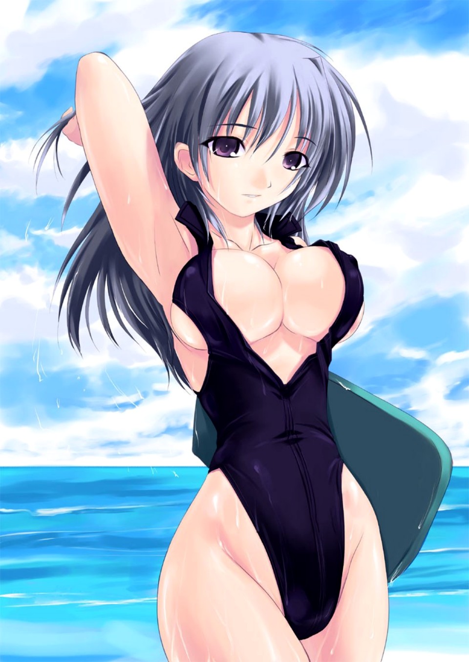 amei sumeru, highres, 1girl, adjusting hair, arm up, armpits, beach, blue eyes, blue hair, breasts, cleavage, cloud, covered erect nipples, day, female focus, highleg, highleg one-piece swimsuit, hip focus, kickboard, large breasts, long hair, matching hair/eyes, ocean, one-piece swimsuit, outdoors, purple eyes, sideboob, sky, smile, solo, sweat, swimsuit, thighs, underboob, water, wet