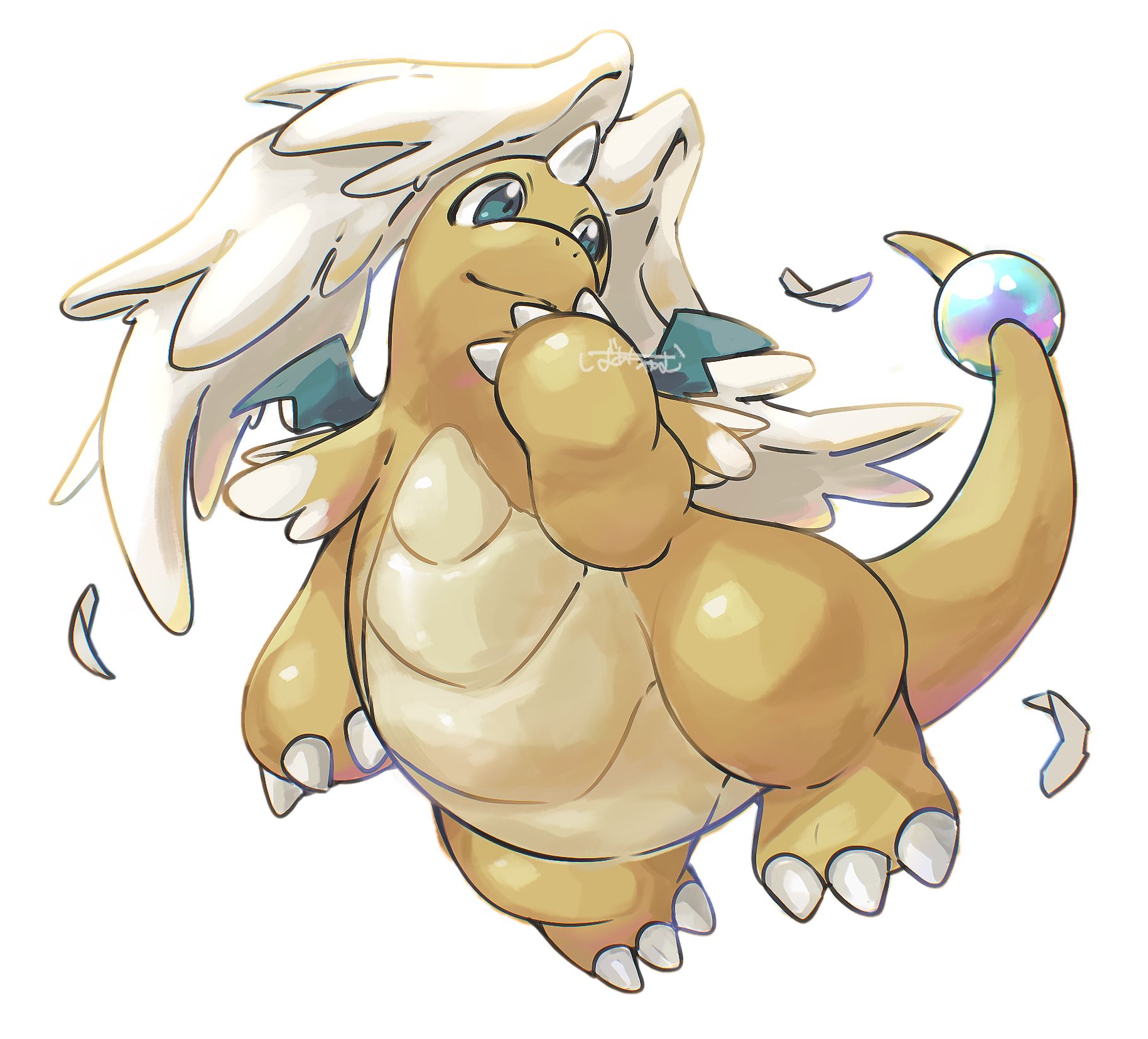 baachamu, dragonite, mega dragonite, nintendo, pokemon, commentary request, highres, closed mouth, dragon, feathers, gen 1 pokemon, green eyes, mega pokemon, no humans, pokemon (creature), simple background, smile, solo, white background, wings