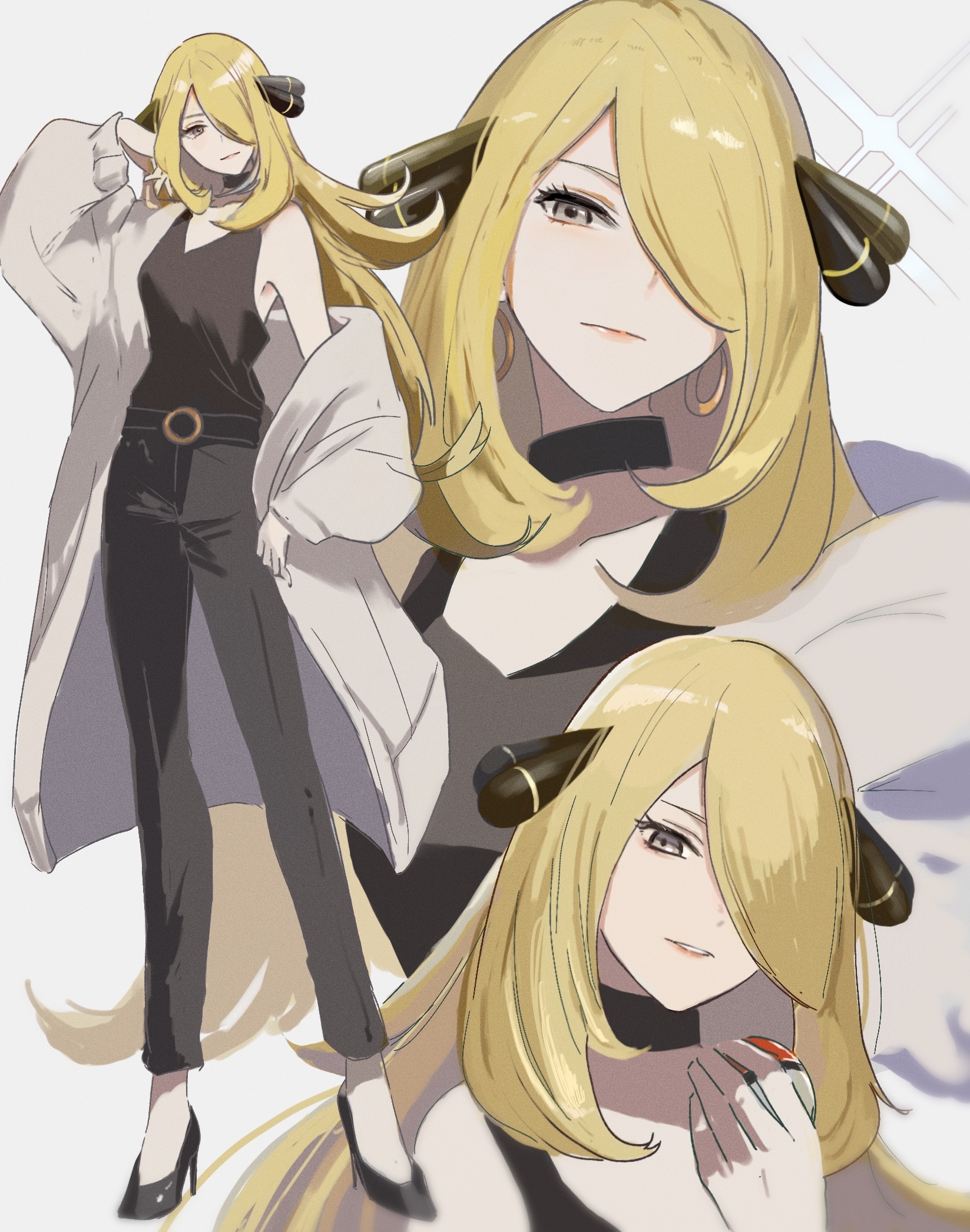 ringosan2329, cynthia (pokemon), nintendo, pokemon, pokemon dppt, highres, 1girl, black pants, black shirt, blonde hair, breasts, close-up, coat, full body, grey eyes, hair over one eye, holding, holding poke ball, long hair, multiple views, open clothes, open coat, pants, poke ball, poke ball (basic), shirt, simple background, white background