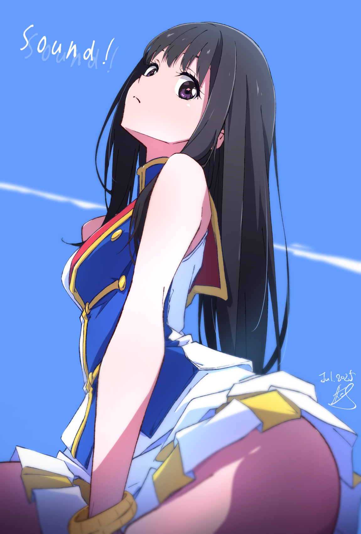 nii manabu, inoue takina, hibike! euphonium, lycoris recoil, commentary, highres, 1girl, black hair, blue background, bracelet, closed mouth, dated, jewelry, long hair, looking at viewer, purple eyes, shirt, signature, sitting, skirt, sleeveless, sleeveless shirt, solo, thighs, white skirt