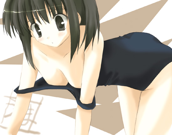 tagme, 1girl, black one-piece swimsuit, closed mouth, dot mouth, female focus, off shoulder, one-piece swimsuit, school swimsuit, solo, swimsuit, thighs