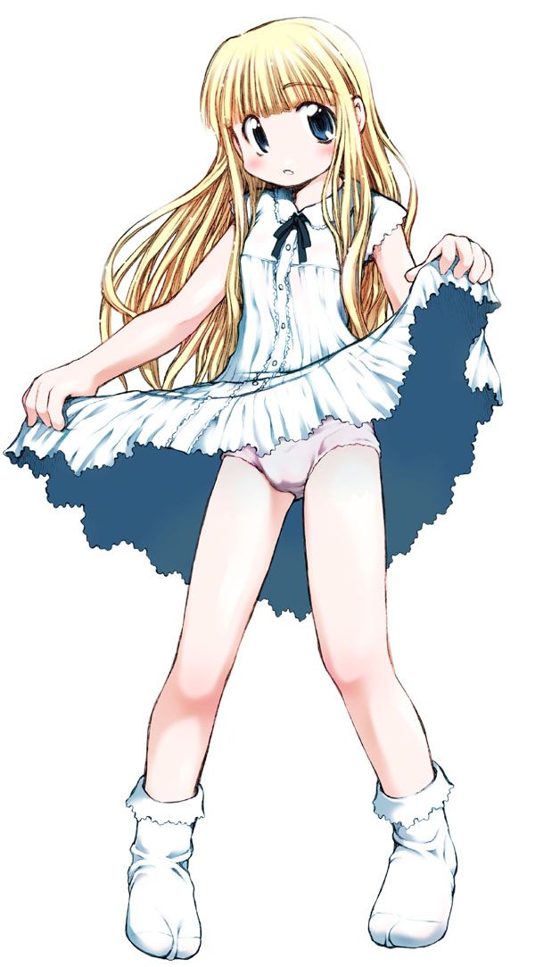 saba (sio), shiratori ryuuko, shiratori ryuushi, mahoraba, artist request, 00s, 1boy, blonde hair, blue eyes, blunt bangs, blush, bulge, clothes lift, crossdressing, crossdressing (mtf), lifting own clothes, long hair, male focus, panties, shota, simple background, skirt, skirt lift, socks, solo, trap, underwear, upskirt, white background, white socks