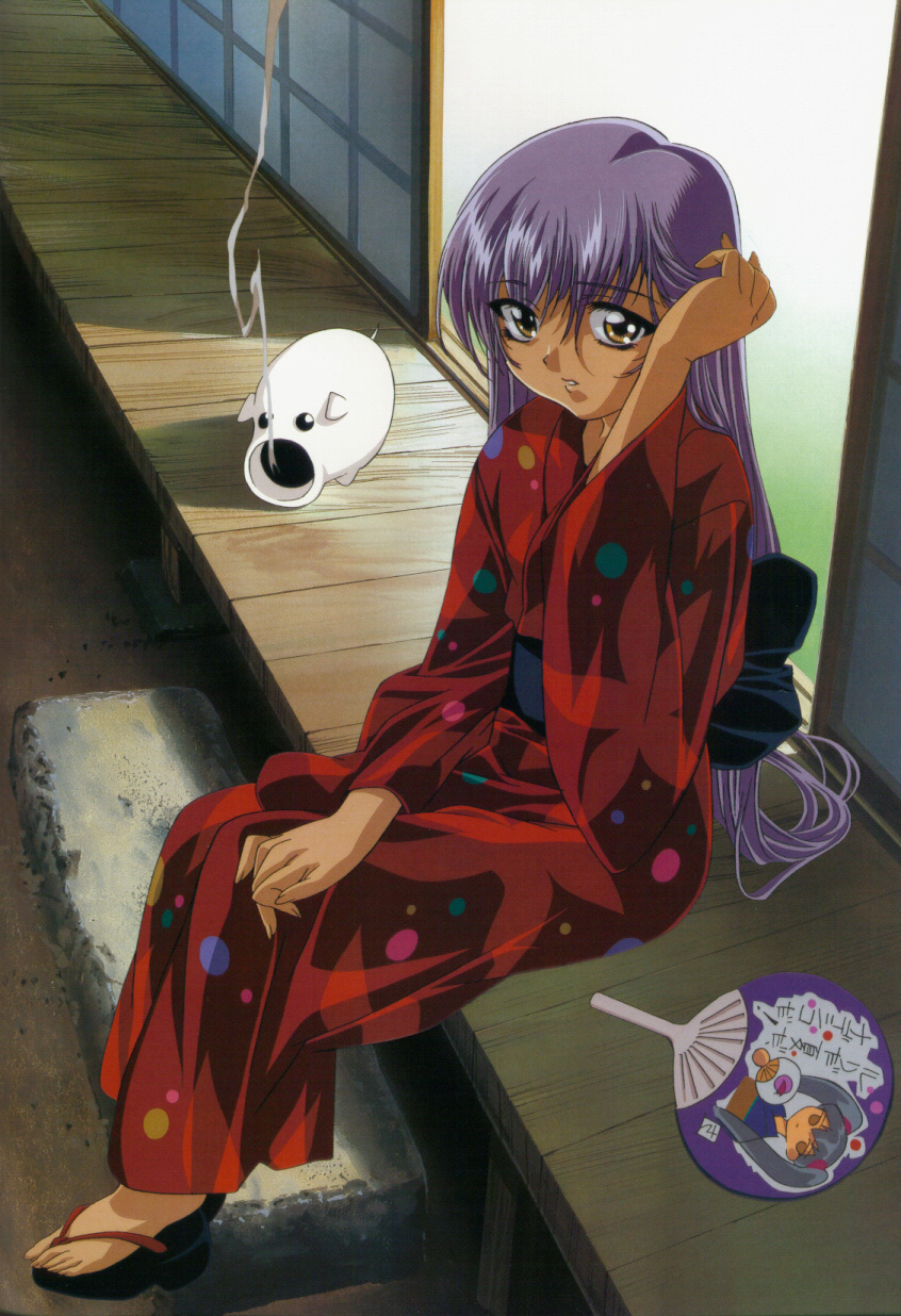 gotou keiji, hoshino ruri, kidou senkan nadesico, highres, official art, 1990s (style), 1girl, female focus, hand fan, incense, japanese clothes, kimono, long hair, obi, paper fan, red kimono, retro artstyle, sandals, sash, sitting, solo, uchiwa, yukata, zouri