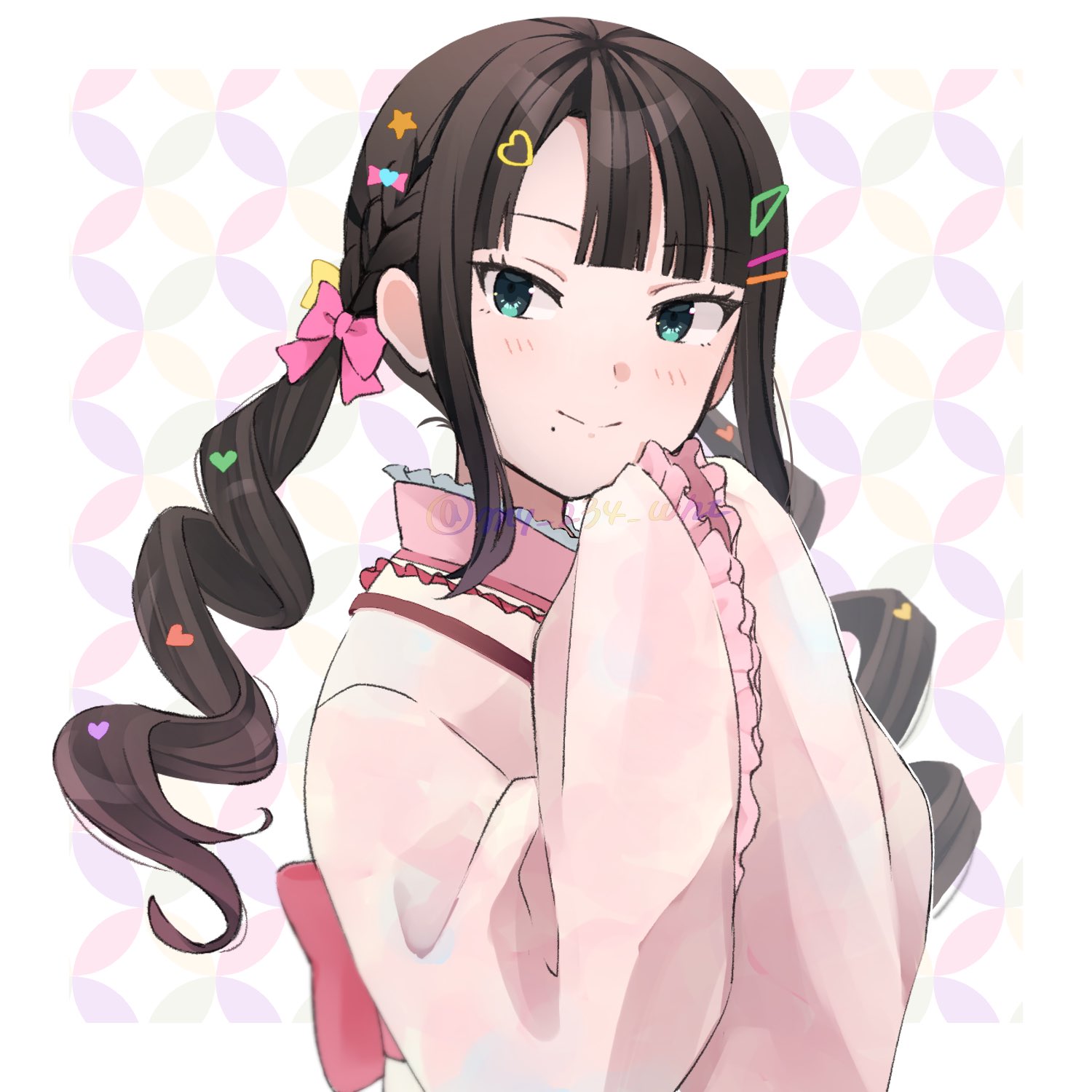 my 234 wht, character request, copyright request, highres, 1girl, blue eyes, brown hair, closed mouth, drill hair, eyelashes, japanese clothes, kimono, looking at viewer, pink kimono, simple background, smile, solo, twin drills, upper body, white background