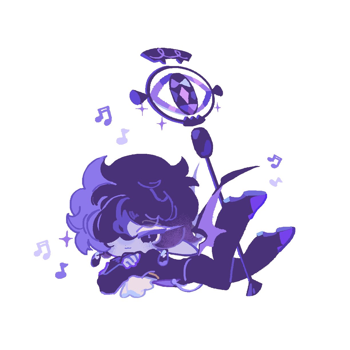 reed, black sapphire cookie, cookie run, cookie run: kingdom, highres, 1boy, closed mouth, colored skin, crossed arms, earrings, eyelashes, full body, gem, hair over one eye, half-closed eye, jacket, jewelry, legs up, long sleeves, looking at viewer, lying, male focus, musical note, on stomach, pants, pointy ears, purple eyes, purple gemstone, purple hair, purple jacket, purple pants, purple shoes, purple skin, shoes, short hair, simple background, smile, solo, sparkle, white background, white eyeshadow
