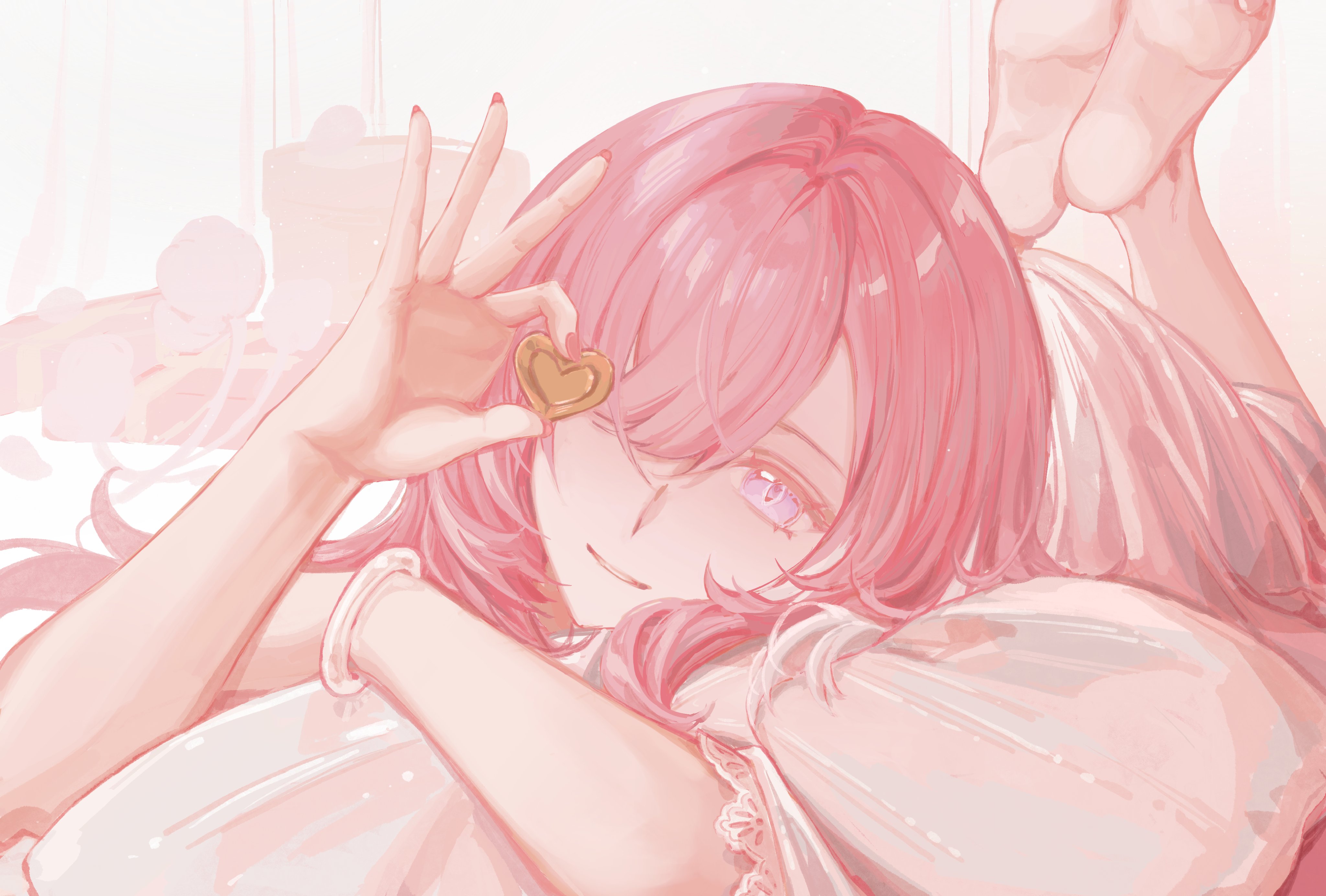 elysia (honkai impact), honkai (series), honkai impact 3rd, absurdres, commentary, english commentary, highres, 1girl, barefoot, heart, holding, holding heart, legs up, long hair, lying, on bed, on stomach, pingusndr, pink hair, pink theme, purple eyes, smile, soles, solo