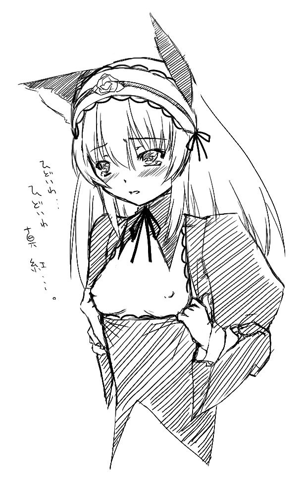 fujikuro, suigintou, rozen maiden, traditional media, 00s, 1girl, animal ears, blush, cat ears, female focus, greyscale, monochrome, nipples, sketch, solo, tears
