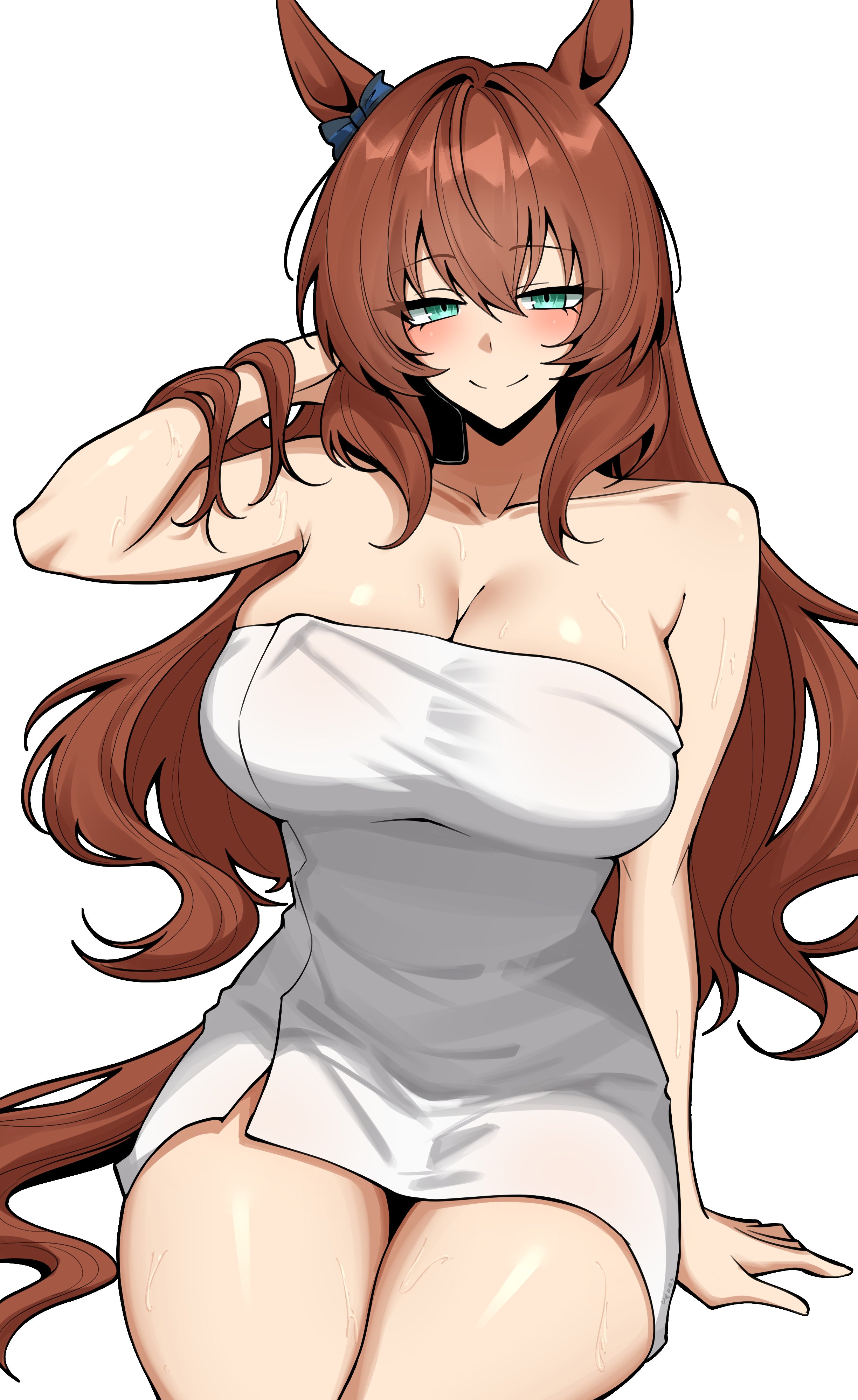 vvernerluniq, maruzensky (umamusume), umamusume, absurdres, highres, animal ears, aqua eyes, blue ribbon, blush, bow, breasts, brown hair, cleavage, closed mouth, collarbone, ear ribbon, horse ears, horse tail, large breasts, long hair, looking at viewer, naked towel, ribbon, simple background, sitting, smile, tail, thighs, towel, wet, white background