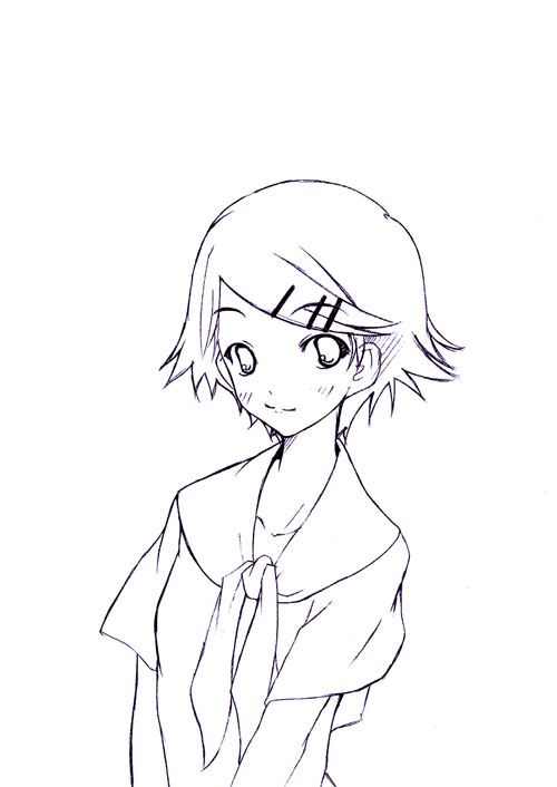 nakamura kusata, yamaguchi mami, maria-sama ga miteru, 00s, 1girl, female focus, greyscale, hair ornament, hairclip, lineart, looking at viewer, monochrome, school uniform, serafuku, short hair, simple background, solo, upper body, white background