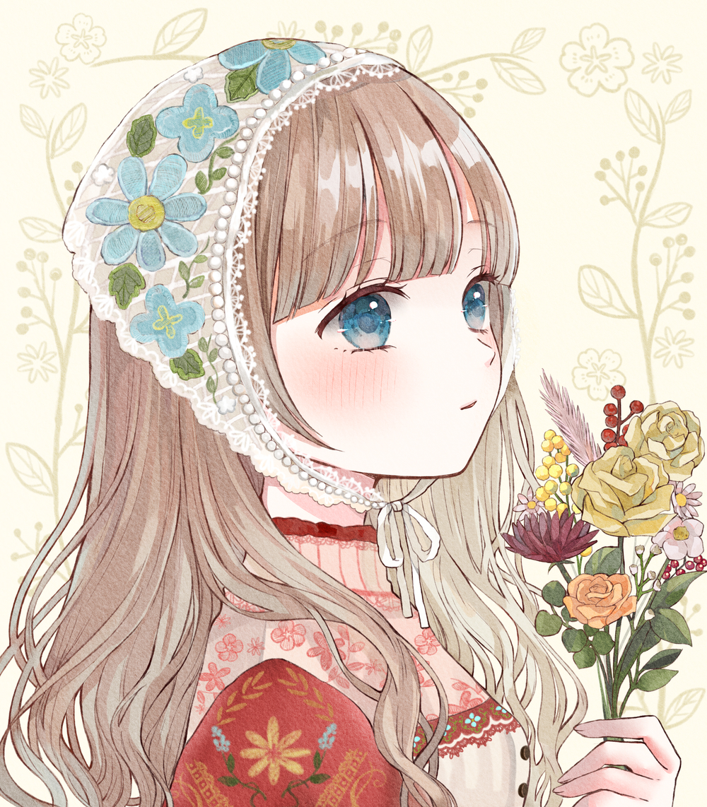 tententuyu, original, commentary request, 1girl, beads, blue eyes, blunt bangs, blush, breasts, brown hair, buttons, chin strap, collared shirt, floral background, floral print, flower, from side, hair over shoulder, headscarf, high collar, holding, holding flower, looking ahead, multicolored shirt, orange flower, orange rose, parted lips, pink flower, ribbon, rose, shirt, small breasts, smile, solo, upper body, wavy hair, white ribbon, yellow flower, yellow rose