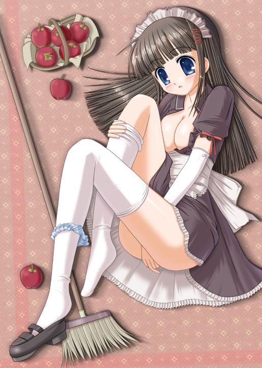 ibe (modakan), original, ringo, 1girl, apple, black shoes, broom, female focus, female masturbation, food, fruit, maid, maid headdress, mary janes, masturbation, panties, shoe dangle, shoes, single shoe, solo, striped clothes, striped panties, thighhighs, underwear, undressing, white thighhighs