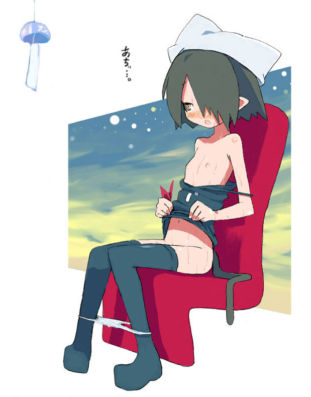 achi, sanada taketo, arue, original, 1girl, animal hat, breasts, female focus, flat chest, hair over one eye, hat, loli, nipples, panties, panty pull, pointy ears, sitting, solo, sweat, tail, thighhighs, underwear, wind chime, yellow eyes