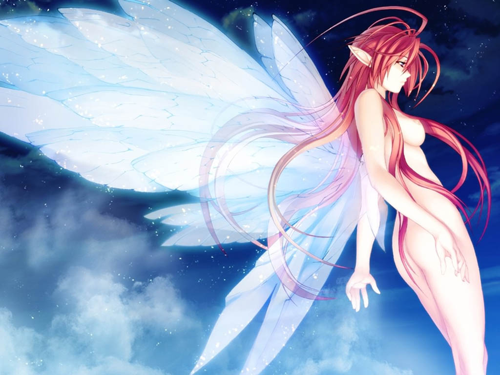 nishii (damnedrive), ignis (jingai makyou), jingai makyou, nitroplus, resized, spoilers, 1girl, ass, breasts, cloud, completely nude, fairy, female focus, long hair, medium breasts, night, nude, pointy ears, red hair, solo, standing, star (sky), star (symbol), very long hair, wings