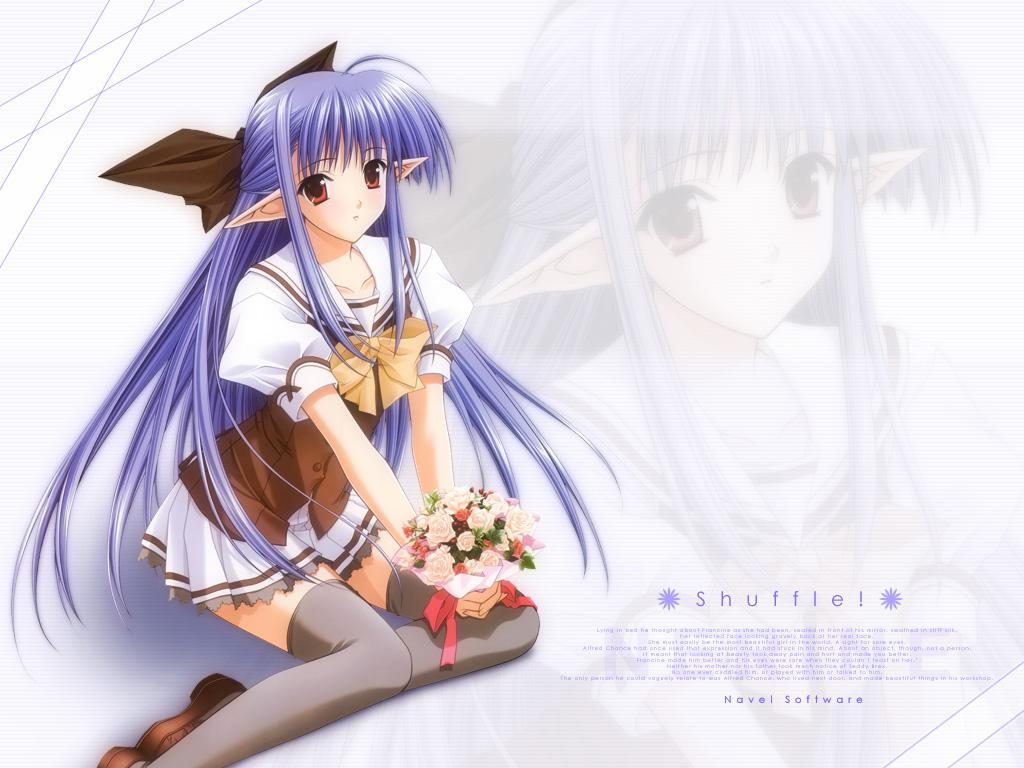 suzuhira hiro, nerine, shuffle!, 00s, 1girl, black thighhighs, blue hair, bouquet, bow, female focus, flower, hair bow, half updo, long hair, pleated skirt, pointy ears, red eyes, school uniform, serafuku, skirt, solo, thighhighs, zettai ryouiki