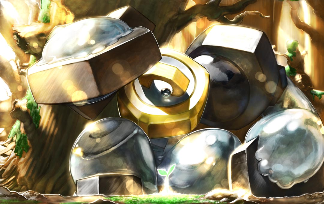 melmetal, nintendo, pokemon, pokemon tcg, artist request, second-party source, gen 7 pokemon, grass, lens flare, metal skin, moss, mythical pokemon, one-eyed, outdoors, pokemon (creature), pokemon focus, solo, sprout, squatting, tree