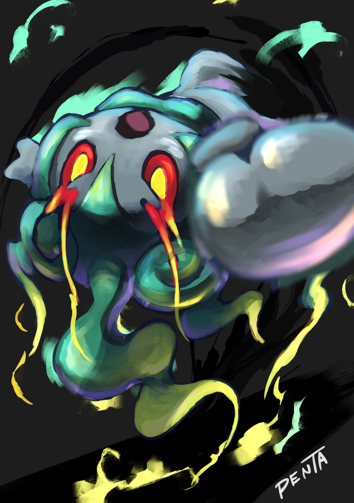 penta oekaki, marshadow, marshadow (zenith), nintendo, pokemon, commentary request, highres, artist name, backflip, colored sclera, gen 7 pokemon, incoming attack, incoming punch, legendary pokemon, midair, motion blur, mythical pokemon, one-hour drawing challenge, open mouth, pokemon (creature), pokemon focus, punching, red sclera, solo, yellow eyes