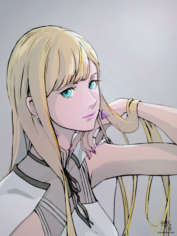 moroboshi danshaku, gigi andalusia, gundam, gundam hathaway's flash, 1girl, arm up, blonde hair, blue eyes, grey background, long hair, looking at viewer, looking to the side, pink nails, solo