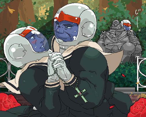 degwin sodo zabi, denim (gundam), denim (mobile suit gundam), zaku, ziin, gundam, maria-sama ga miteru, mobile suit gundam, 3boys, cross, crossover, flower, forest, helmet, latin cross, male focus, multiple boys, nature, oekaki, parody, plant, red flower, red rose, rose, statue, tree