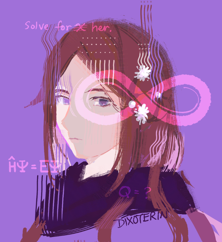 dixoterin, kurashiki akane, kyokugen dasshutsu, kyokugen dasshutsu: 9 jikan 9 nin 9 no tobira, commentary, english commentary, 1girl, ?, artist name, brown hair, closed mouth, english text, equation, infinity symbol, long hair, portrait, purple background, purple eyes, scarf, simple background, solo