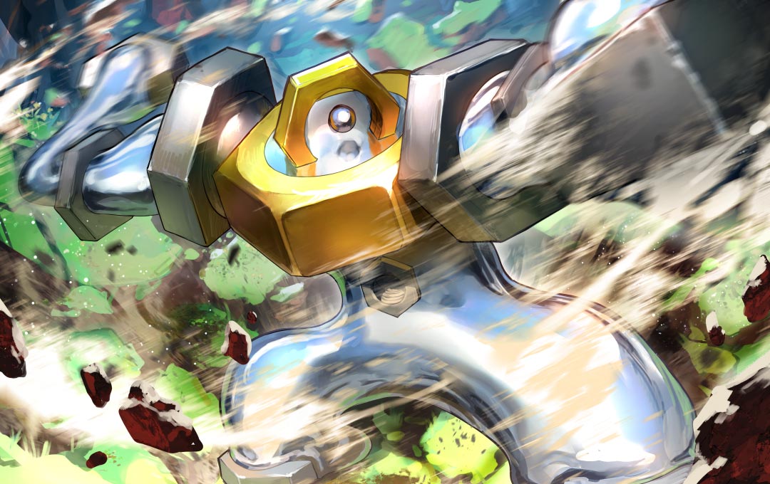 melmetal, nintendo, pokemon, pokemon tcg, second-party source, daiekusuto, debris, gen 7 pokemon, metal skin, motion blur, mythical pokemon, nut (hardware), one-eyed, pokemon (creature), pokemon focus, solo