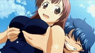 atouda yuuko, nanbu chitose, amaenaideyo!!, animated, animated gif, anime screenshot, lowres, 00s, 2girls, :o, ^ ^, blue hair, blush, breasts, brown eyes, cleavage, closed eyes, cloud, day, dutch angle, female focus, grabbing another's breast, grin, groping, large breasts, long hair, multiple girls, naughty face, one-piece swimsuit, open mouth, outdoors, pink hair, school swimsuit, short hair, sky, smile, splashing, surprised, swimsuit, water, yuri