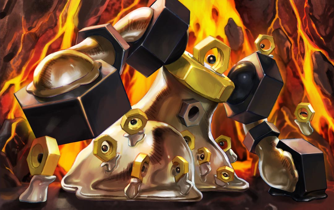 yamaguchi biru, melmetal, meltan, nintendo, pokemon, pokemon tcg, second-party source, evolutionary line, gen 7 pokemon, lava, metal skin, mythical pokemon, nut (hardware), on shoulder, one-eyed, pokemon (creature), pokemon focus, pokemon on shoulder