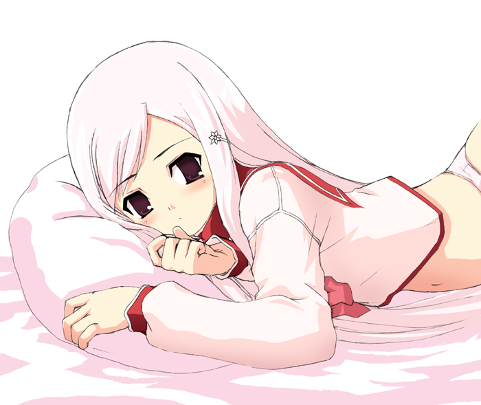 date (senpen), lucy maria misora, to heart (series), to heart 2, 00s, bed, bottomless, lying, no pants, on stomach, panties, pink hair, pink panties, pink theme, red eyes, school uniform, serafuku, solo, underwear