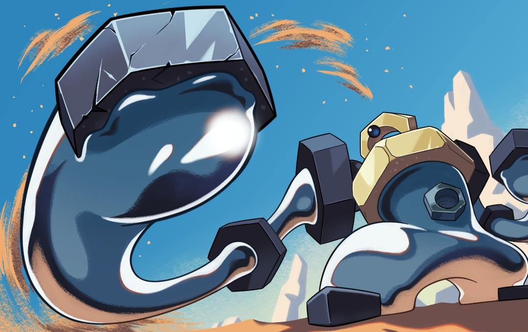melmetal, nintendo, pokemon, pokemon tcg, artist request, second-party source, blue sky, clear sky, day, gen 7 pokemon, metal skin, mythical pokemon, nut (hardware), one-eyed, outdoors, pokemon (creature), pokemon focus, sand, sky, solo, standing