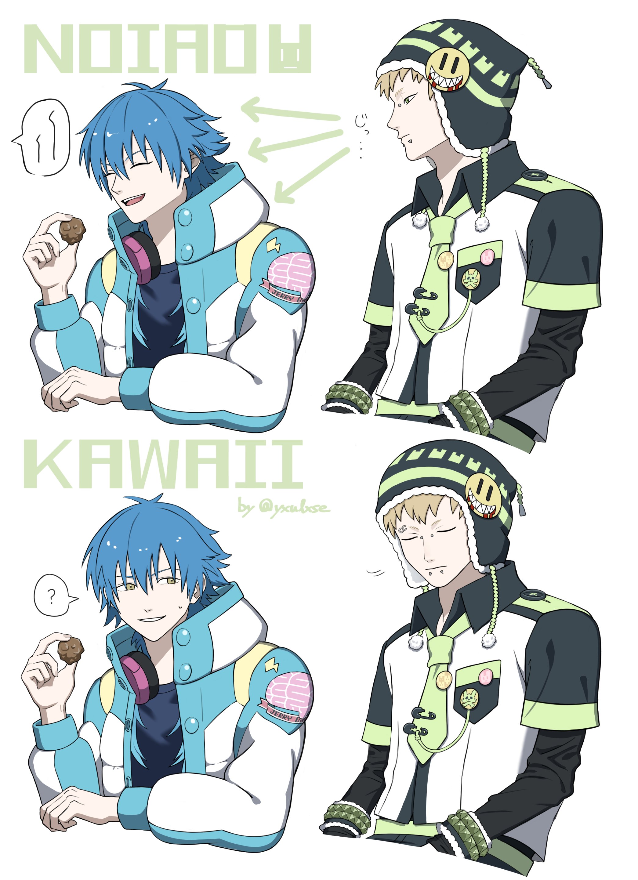 yxulxse, noiz (dramatical murder), seragaki aoba, dramatical murder, absurdres, commentary, highres, 2boys, arrow (symbol), beanie, black shirt, blonde hair, blue hair, bracelet, breast pocket, bridge piercing, chullo, closed eyes, collared jacket, collared shirt, cropped torso, eyebrow piercing, face piercing, green eyes, hat, headphones, headphones around neck, jacket, jewelry, labret piercing, layered sleeves, lightning bolt symbol, long sleeves, looking at another, looking to the side, male focus, multiple boys, multiple views, piercing, pocket, popped collar, safety pin, shirt, short over long sleeves, short sleeves, sideways glance, smiley face, speech bubble, sweatdrop, white background, wing collar, yellow eyes