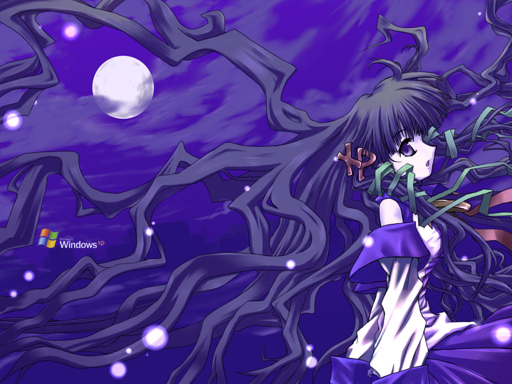 xp-tan, microsoft windows, os-tan, windows xp, tagme, 1girl, female focus, full moon, hair ornament, letter hair ornament, moon, night, solo