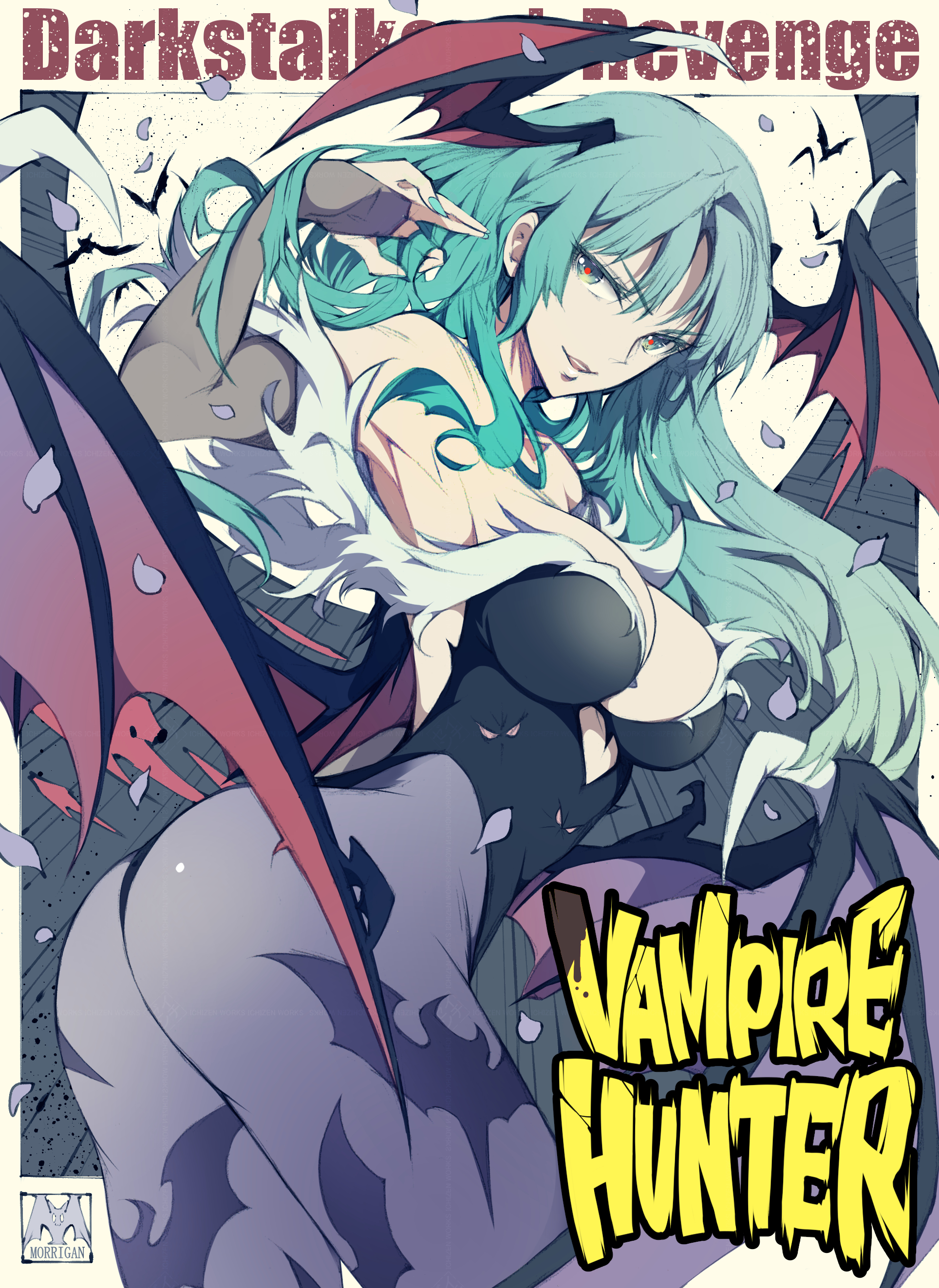 ichizen (o tori), morrigan aensland, darkstalkers, absurdres, highres, 1girl, animal print, bat print, black leotard, breasts, demon wings, green eyes, green hair, head wings, leotard, looking at viewer, pantyhose, purple pantyhose, smile, solo, strapless, strapless leotard, wings