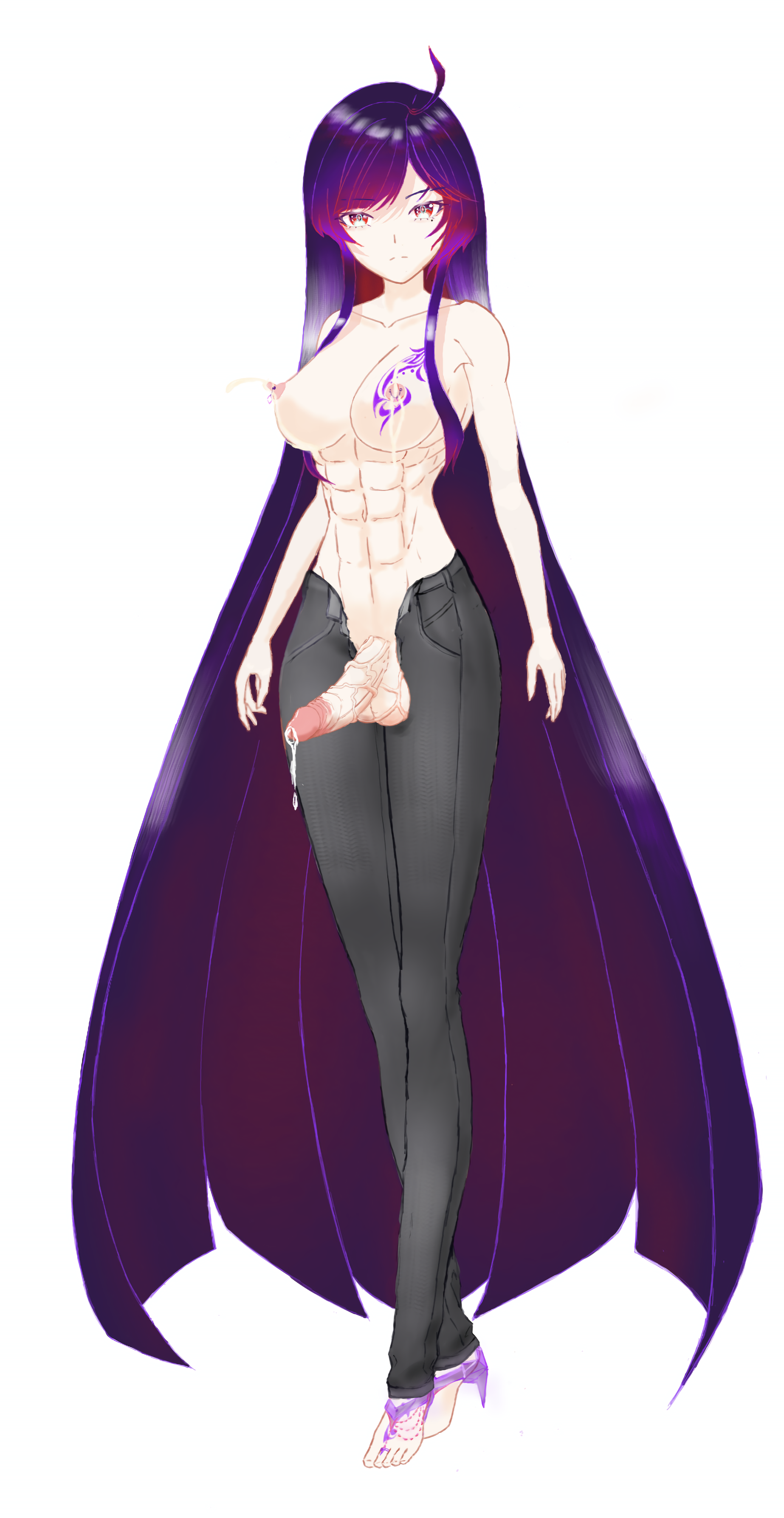 original, absurdres, highres, non-web source, 1girl, abs, ahoge, barefoot, black hair, breast tattoo, breasts, denim, feet, futanari, high heels, huge penis, huge testicles, jeans, kuudere, lactation, large breasts, long hair, muscular, muscular female, nipple piercing, pants, penis, piercing, precum, projectile lactation, tattoo, testicles, topless female