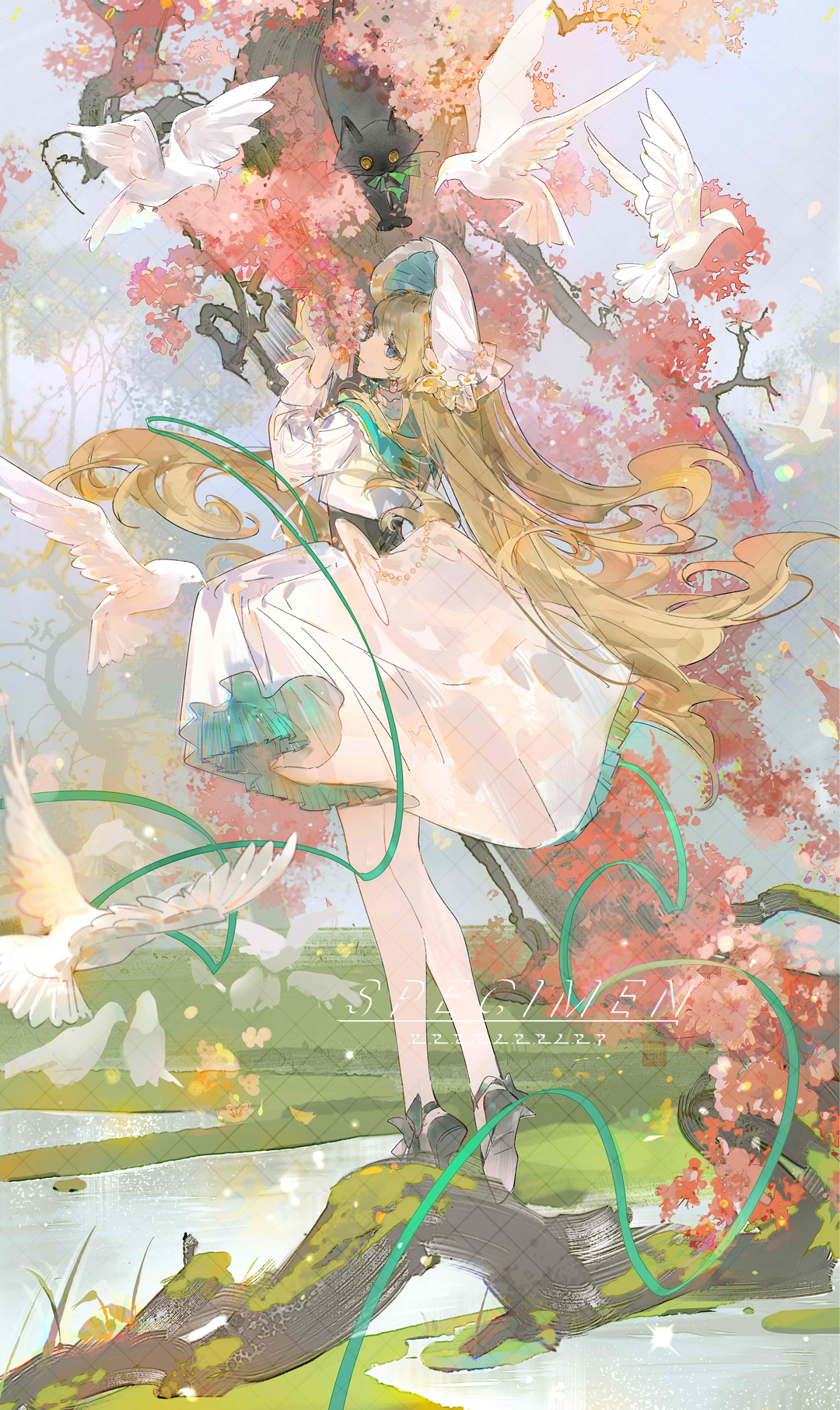 fengli (weibo 6649750933), original, chinese commentary, commentary request, commission, highres, 1girl, ankle bow, ankle ribbon, bare legs, bird, black bow, black cat, black corset, black shoes, blonde hair, blue eyes, blue sky, border, bow, capelet, cat, cherry blossoms, corset, day, dove, dress, expressionless, eyelashes, flats, floating clothes, floating hair, flower, frilled dress, frilled sleeves, frills, full body, green capelet, green ribbon, hat, hat ribbon, lake, light particles, log, long hair, long sleeves, looking at viewer, looking back, medium dress, moss, one side up, outdoors, pink flower, puffy long sleeves, puffy sleeves, ribbon, shoes, sky, solo, spring (season), standing, very long hair, white border, white dress, white flower, wind