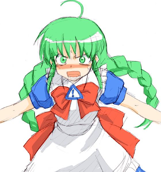 me-tan, os-tan, !, 1girl, bow, braid, female focus, green eyes, green hair, matching hair/eyes, open mouth, sketch, solo, twin braids